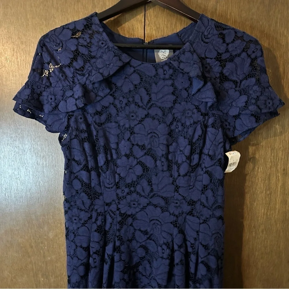 Vince Camuto Womens Round Neck Lace Cap Sleeves A-Line Midi Dress Navy Blue Sz 6 - Picture 6 of 13